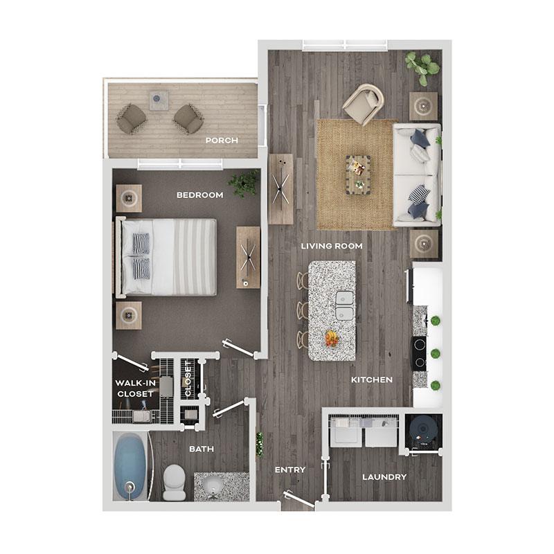 Floor plan for 1 bed, 1 bath, 740 sqft